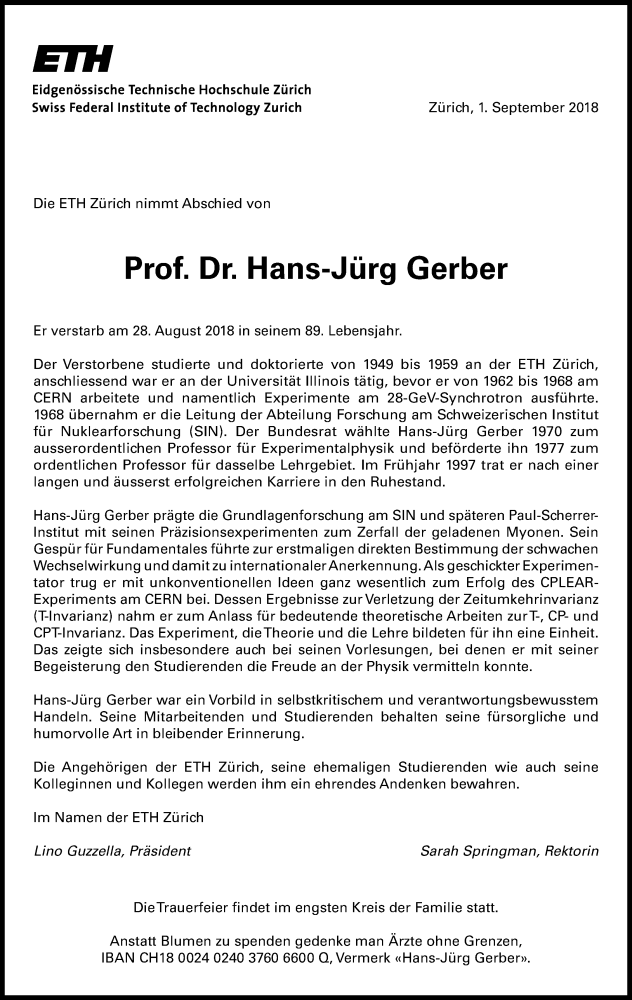 Vergrösserte Ansicht: Todesanzeige Prof. Dr. Hans-Jürg Gerber