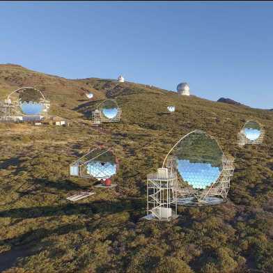 A hill dotted with telescope dishes on the island of La Palma