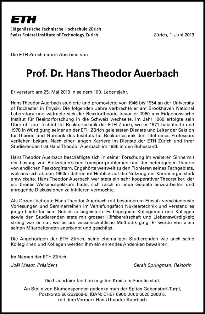 Traueranzeige Prof. Dr. Hans Theodor Auerbach