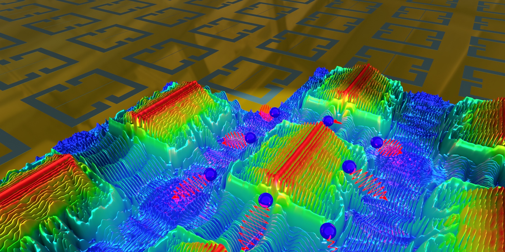 Metasurface of split-ring resonators, partially overlaid with 3D colourmaps showing the simulated electric-field distribution