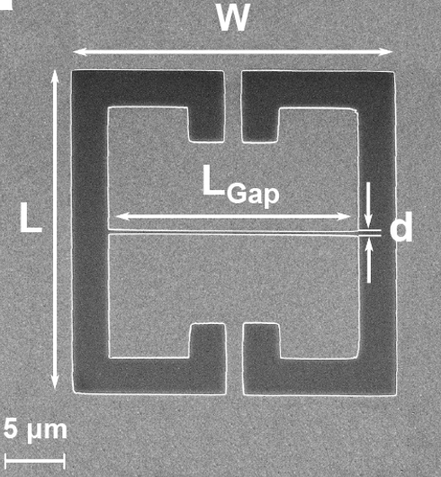 Scanning electron microscope (SEM) image of a unit cell containing a split-ring resonator with a gap of d = 250 nm